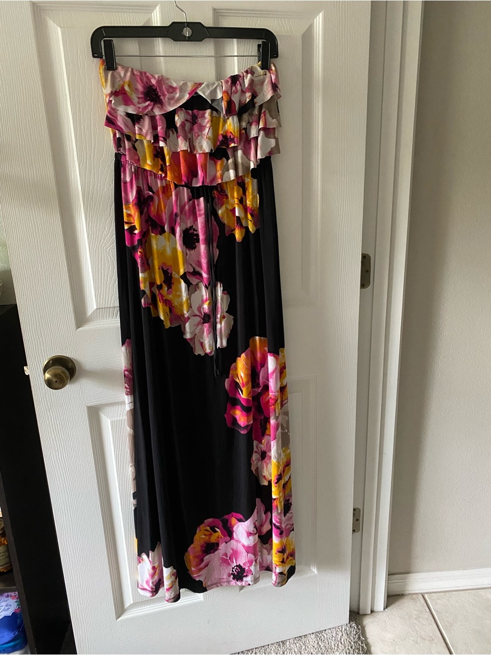 Strapless Floral Maxi Dress — Black with Pink & Yellow Flowers
